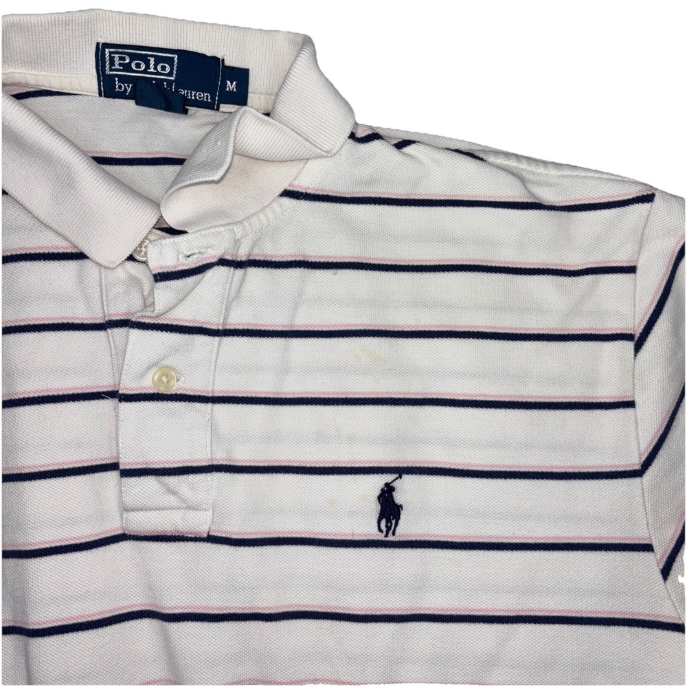 Polo Ralph Lauren Mens White Navy Pink Striped Short Sleeve Polo Shirt Size M‎